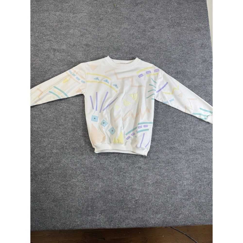 Vintage‎ Blast 80s Geometric Pastel Pullover Sweater Petites White Women